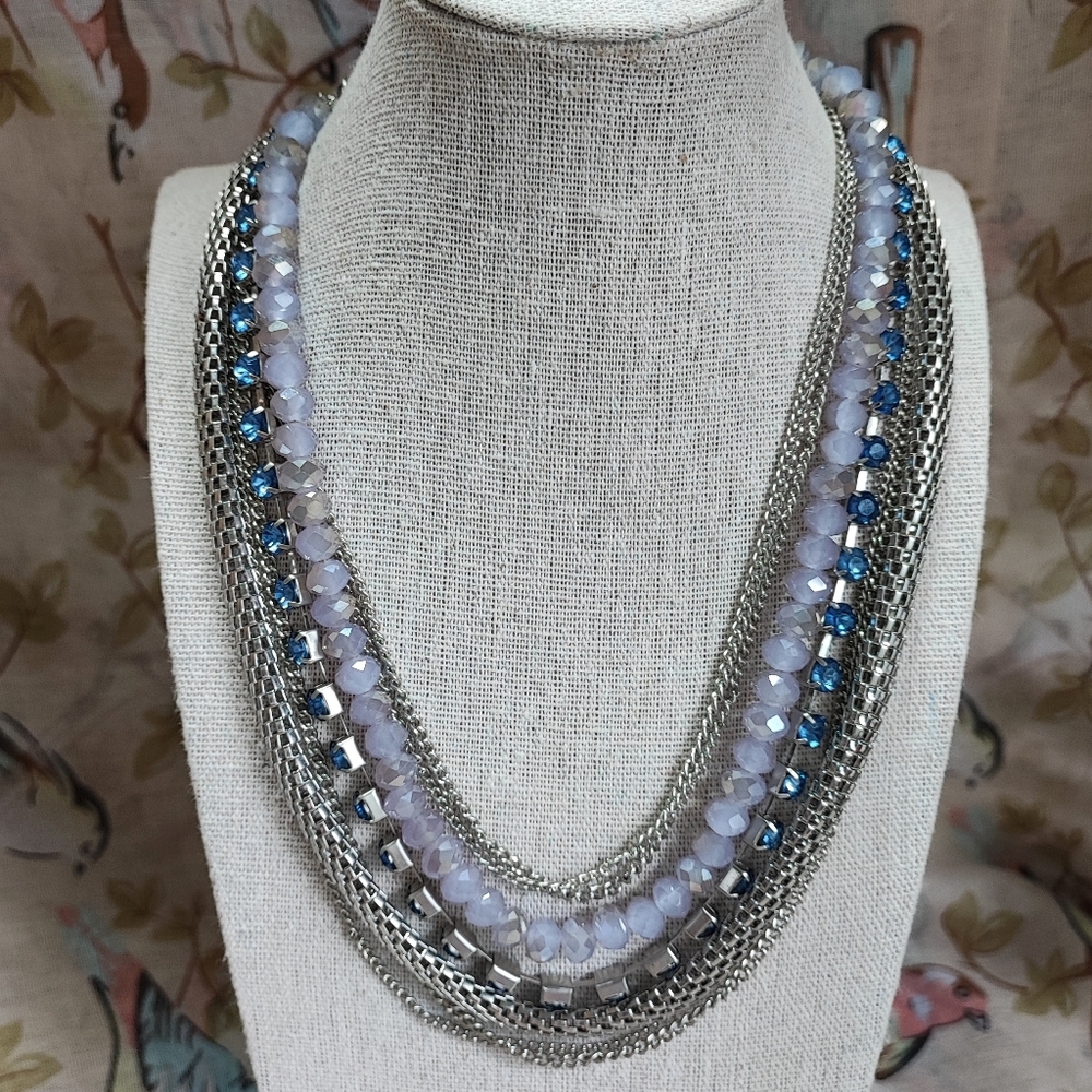 Vera Wang 5 Strand Chain Cobalt Blue Rhinestones Lavender Glass Beaded Necklace